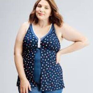 Claire France navy blue polka dot tankini swimsuit top
